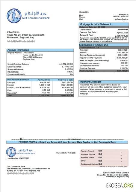 Modèle Word et PDF de relevé hypothécaire de la Iraq Gulf Commercial Bank